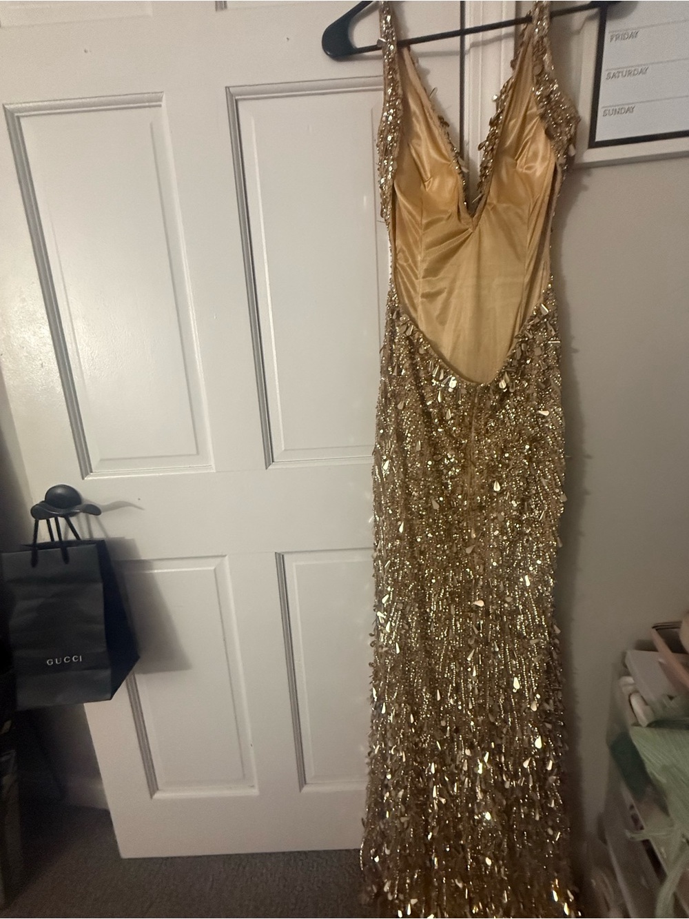 Gold Sequin Evening Gown with V-Neck - Picture 3 of 4